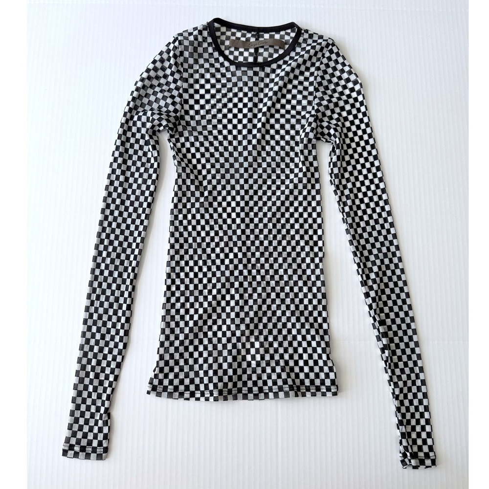 Enza Costa Black White Checkered Top Women XS Sheer Mesh Long Sleeve USA